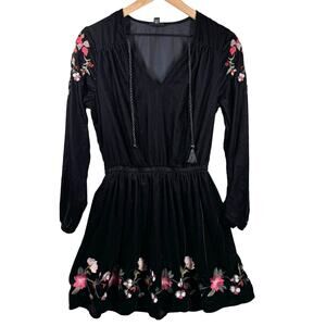 ANA Black Velvet Floral Embroidered Mini Dress Size S Whimsigoth Witchy Feminine